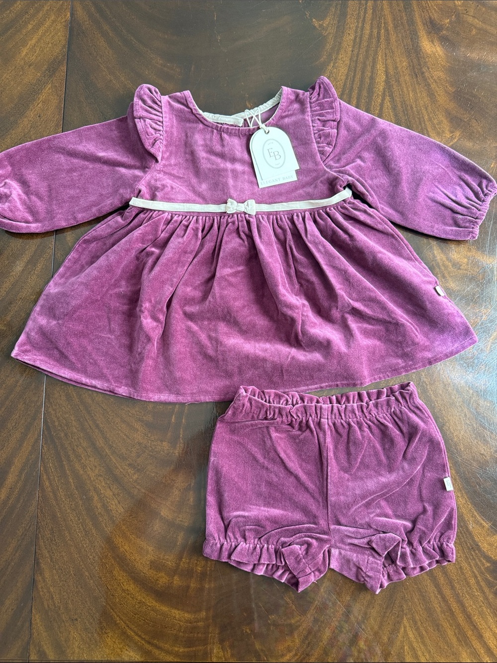 Elegant Baby Plum Velvet Baby Dress and Shorts Set